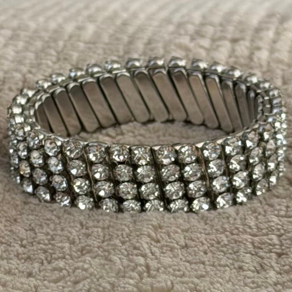 Vintage Expansion Bracelet- 3 Rows Clear Rhinestones Silver Tone Stainless Steel